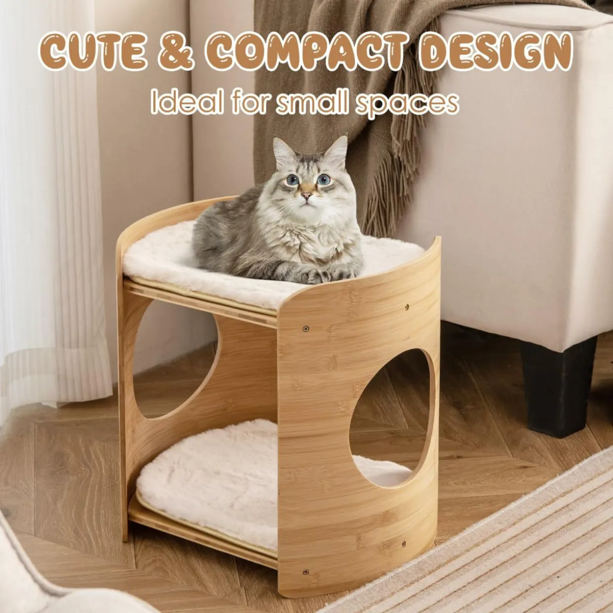 Tangkula Elevated Cat Bed for Indoor Cats, 2-Tier Cute Small Cat Tree Tower with Natural Bamboo Frame