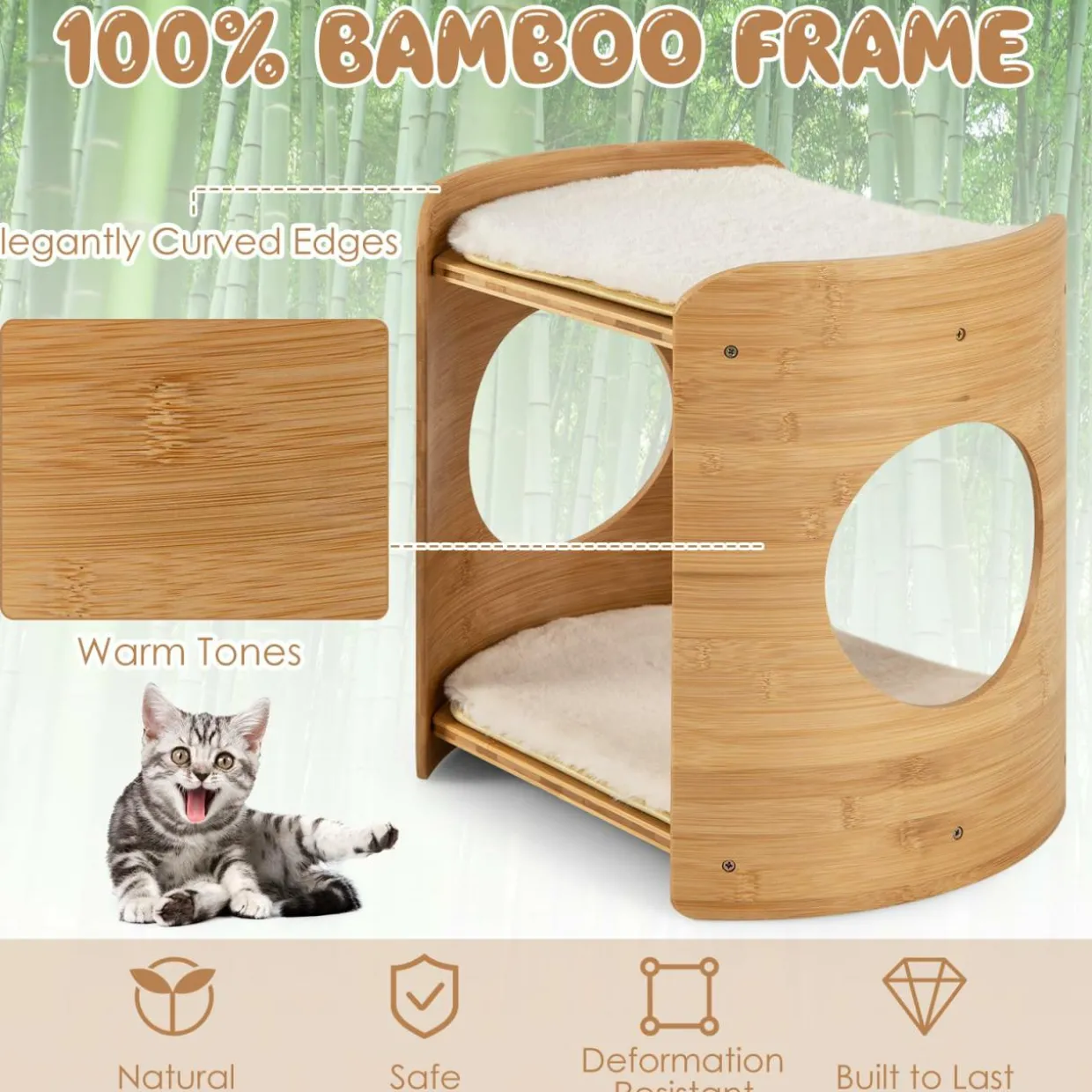 Tangkula Elevated Cat Bed for Indoor Cats, 2-Tier Cute Small Cat Tree Tower with Natural Bamboo Frame