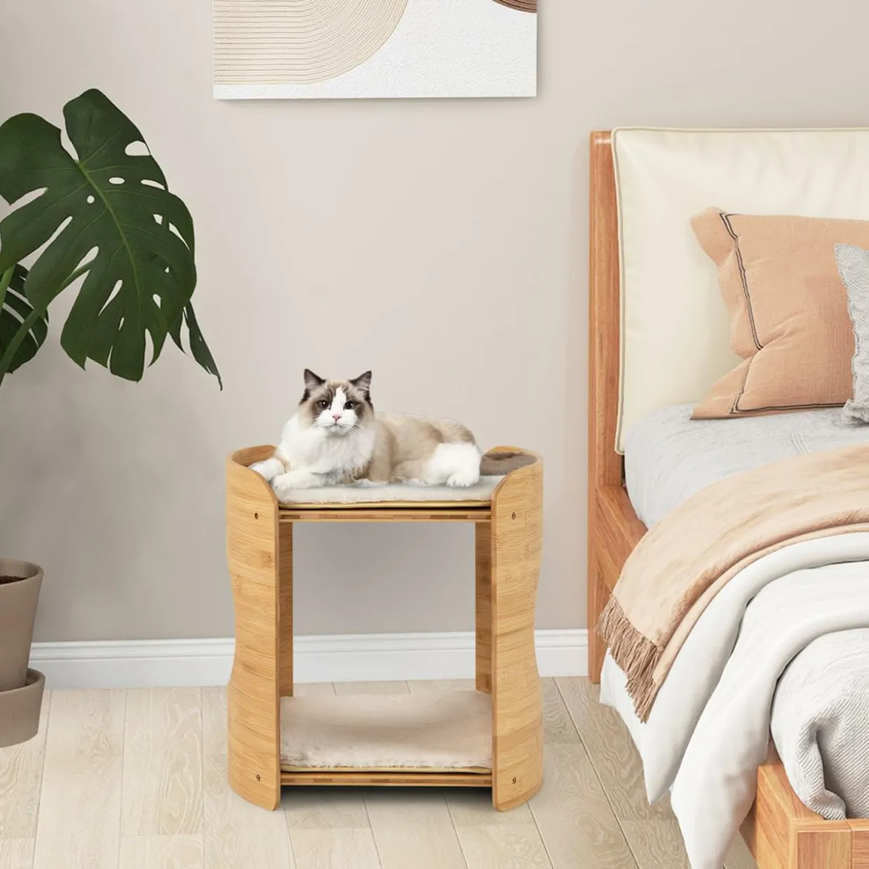 Tangkula Elevated Cat Bed for Indoor Cats, 2-Tier Cute Small Cat Tree Tower with Natural Bamboo Frame