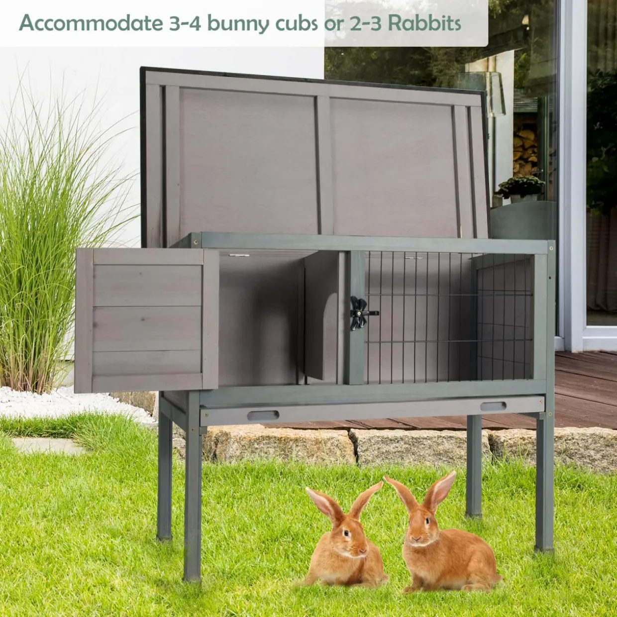 Tangkula Elevated Wood Rabbit Hutch (Grey)