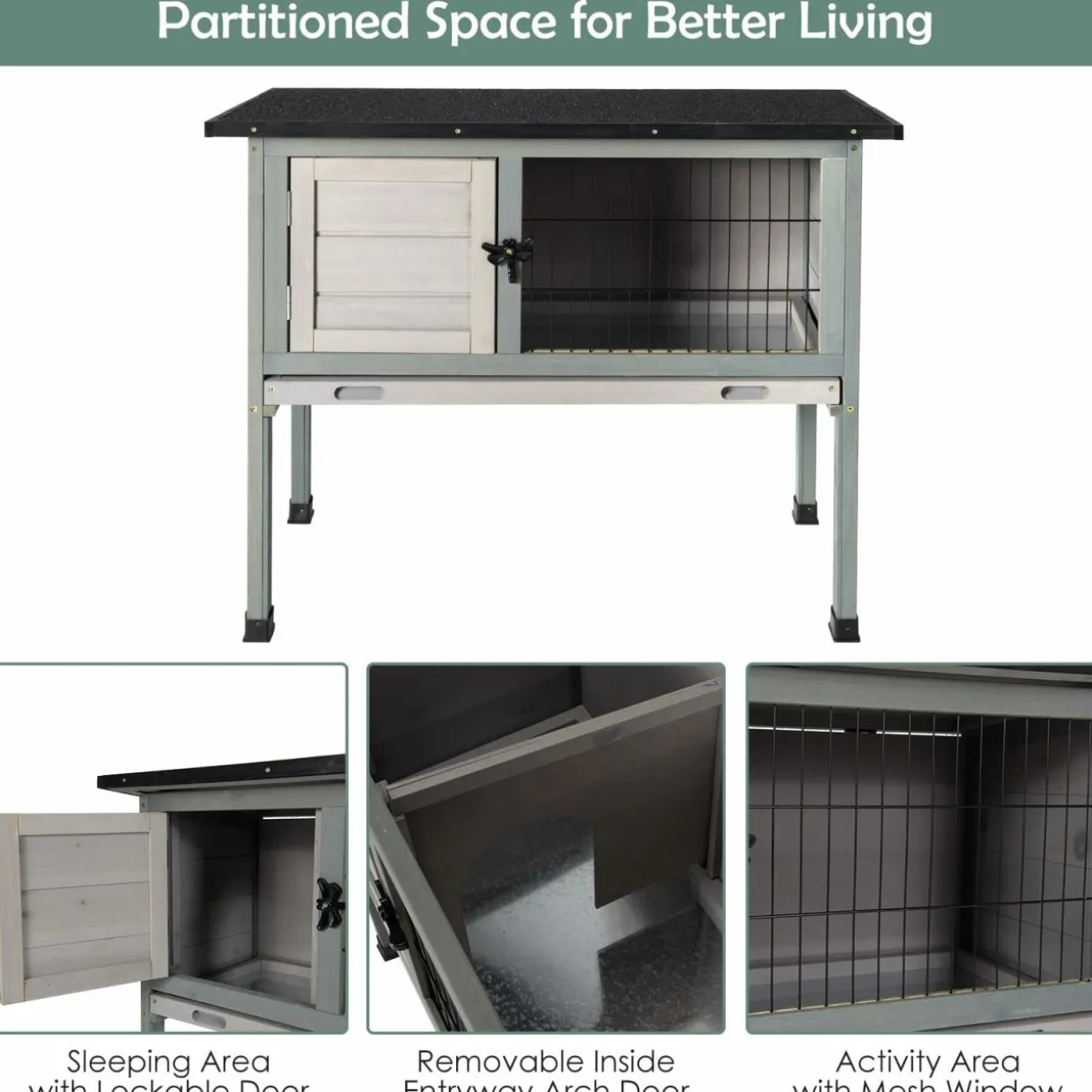 Tangkula Elevated Wood Rabbit Hutch (Grey)