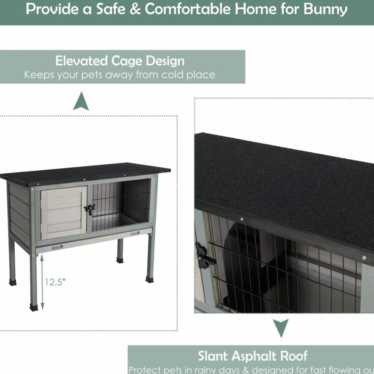 Tangkula Elevated Wood Rabbit Hutch (Grey)