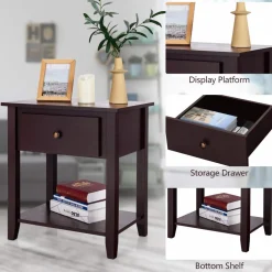 Tangkula End Table with Drawer, Nightstand w/Drawer and Storage Shelf