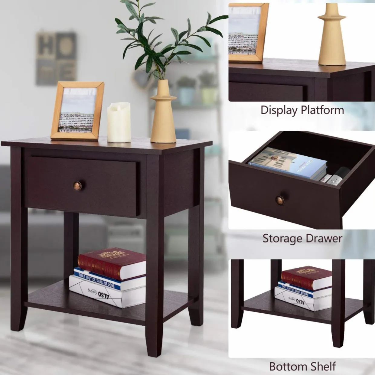 Tangkula End Table with Drawer, Nightstand w/Drawer and Storage Shelf