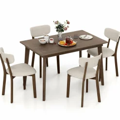 Tangkula Farmhouse Dining Table Set for 4, Dinette Set with Table & 4 Padded Seat, Rubber Wood Legs, Curved Backrest