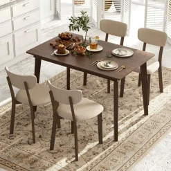 Tangkula Farmhouse Dining Table Set for 4, Dinette Set with Table & 4 Padded Seat, Rubber Wood Legs, Curved Backrest