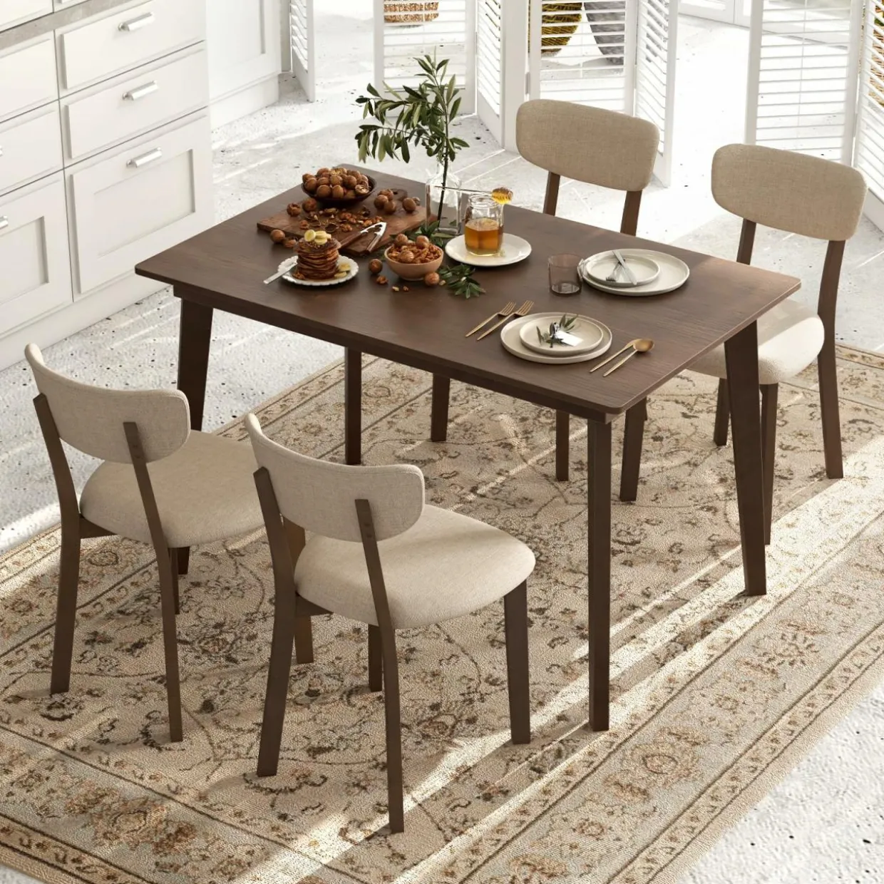 Tangkula Farmhouse Dining Table Set for 4, Dinette Set with Table & 4 Padded Seat, Rubber Wood Legs, Curved Backrest