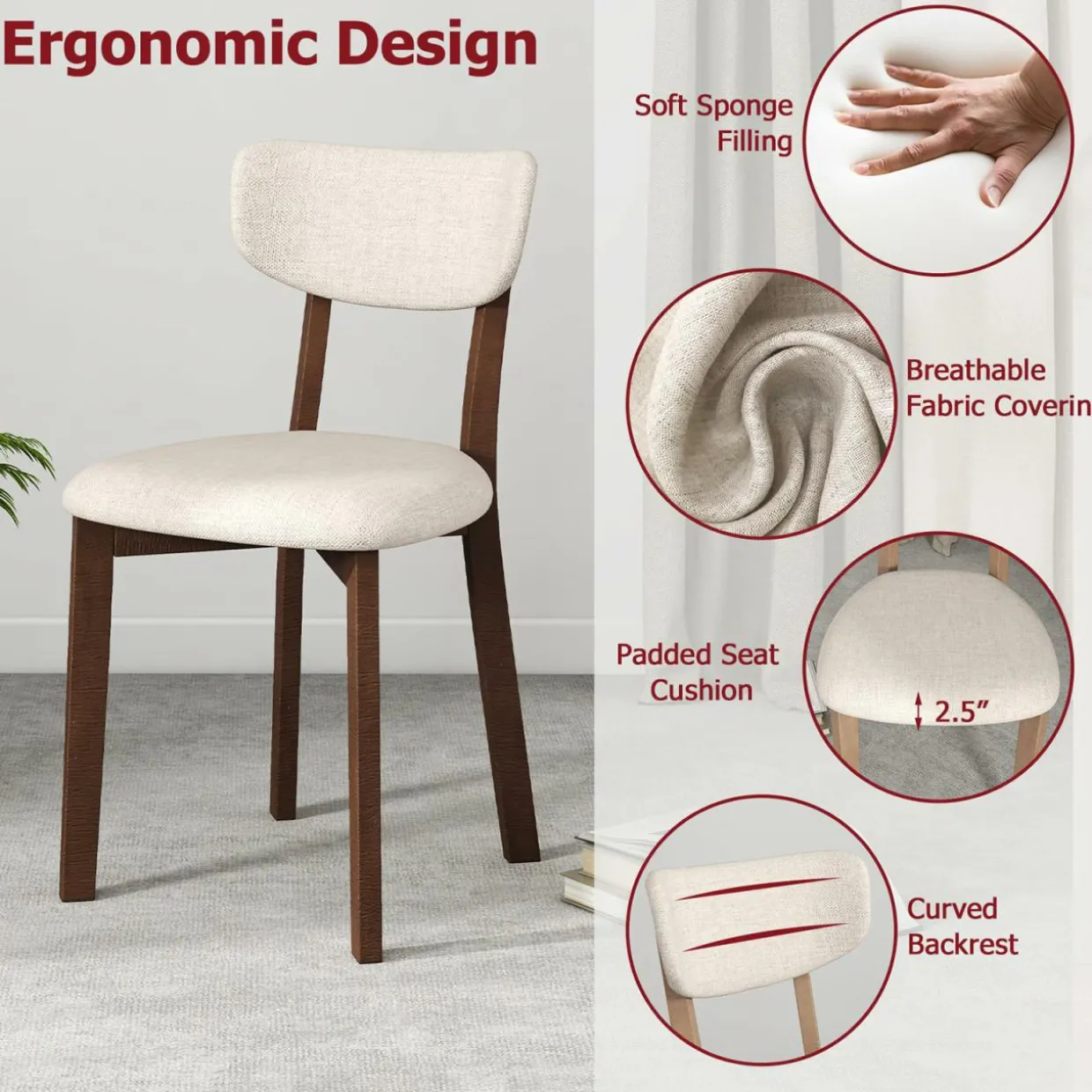Tangkula Farmhouse Dining Table Set for 4, Dinette Set with Table & 4 Padded Seat, Rubber Wood Legs, Curved Backrest