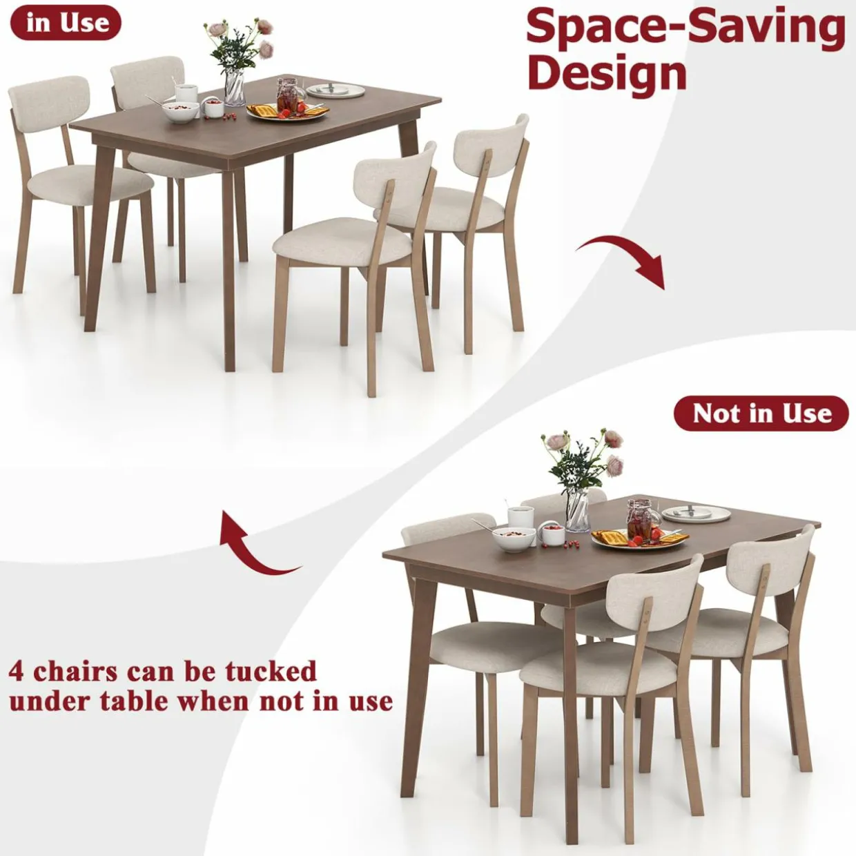 Tangkula Farmhouse Dining Table Set for 4, Dinette Set with Table & 4 Padded Seat, Rubber Wood Legs, Curved Backrest
