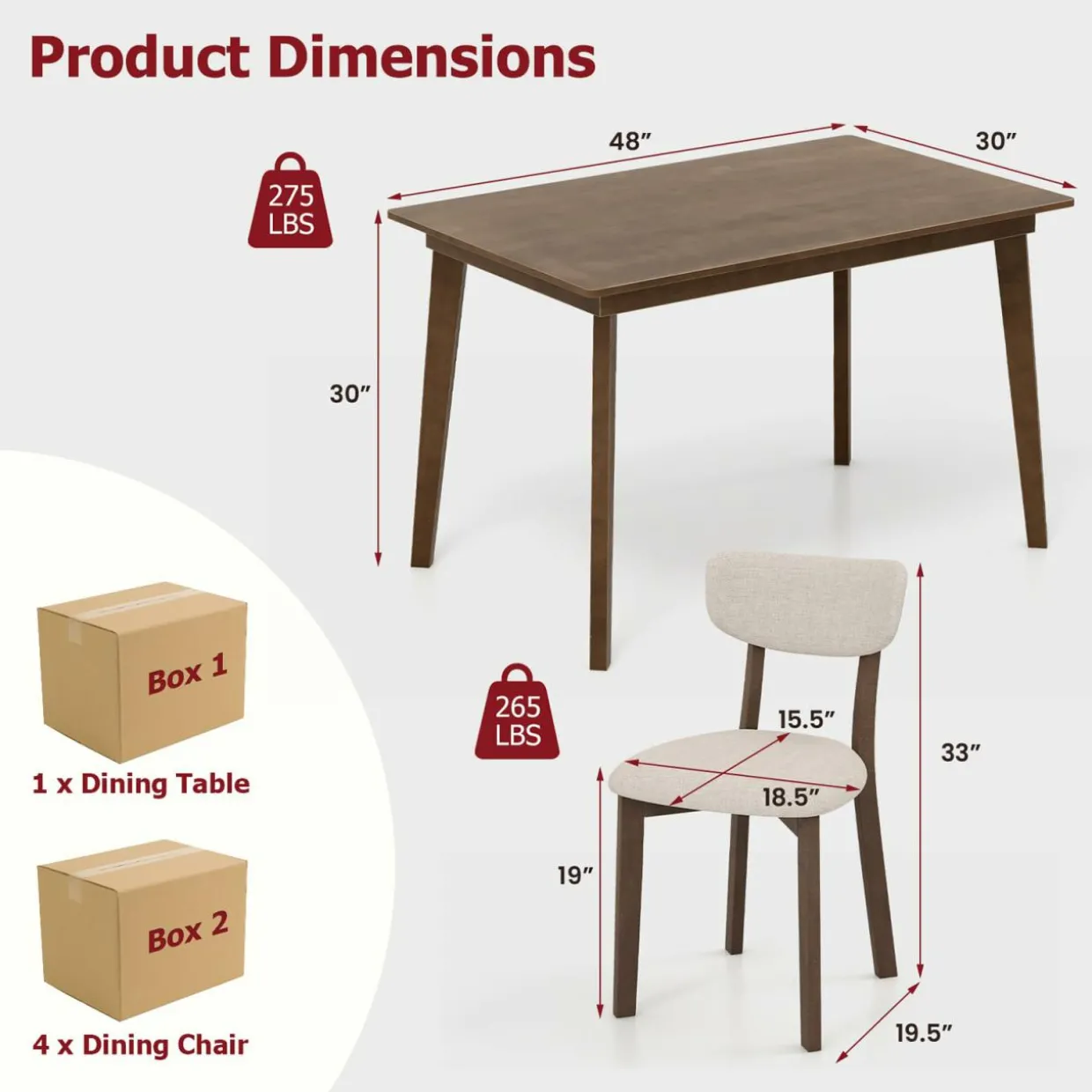 Tangkula Farmhouse Dining Table Set for 4, Dinette Set with Table & 4 Padded Seat, Rubber Wood Legs, Curved Backrest