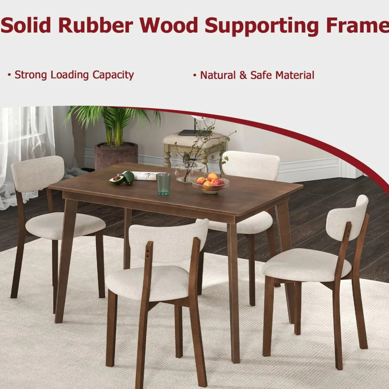 Tangkula Farmhouse Dining Table Set for 4, Dinette Set with Table & 4 Padded Seat, Rubber Wood Legs, Curved Backrest