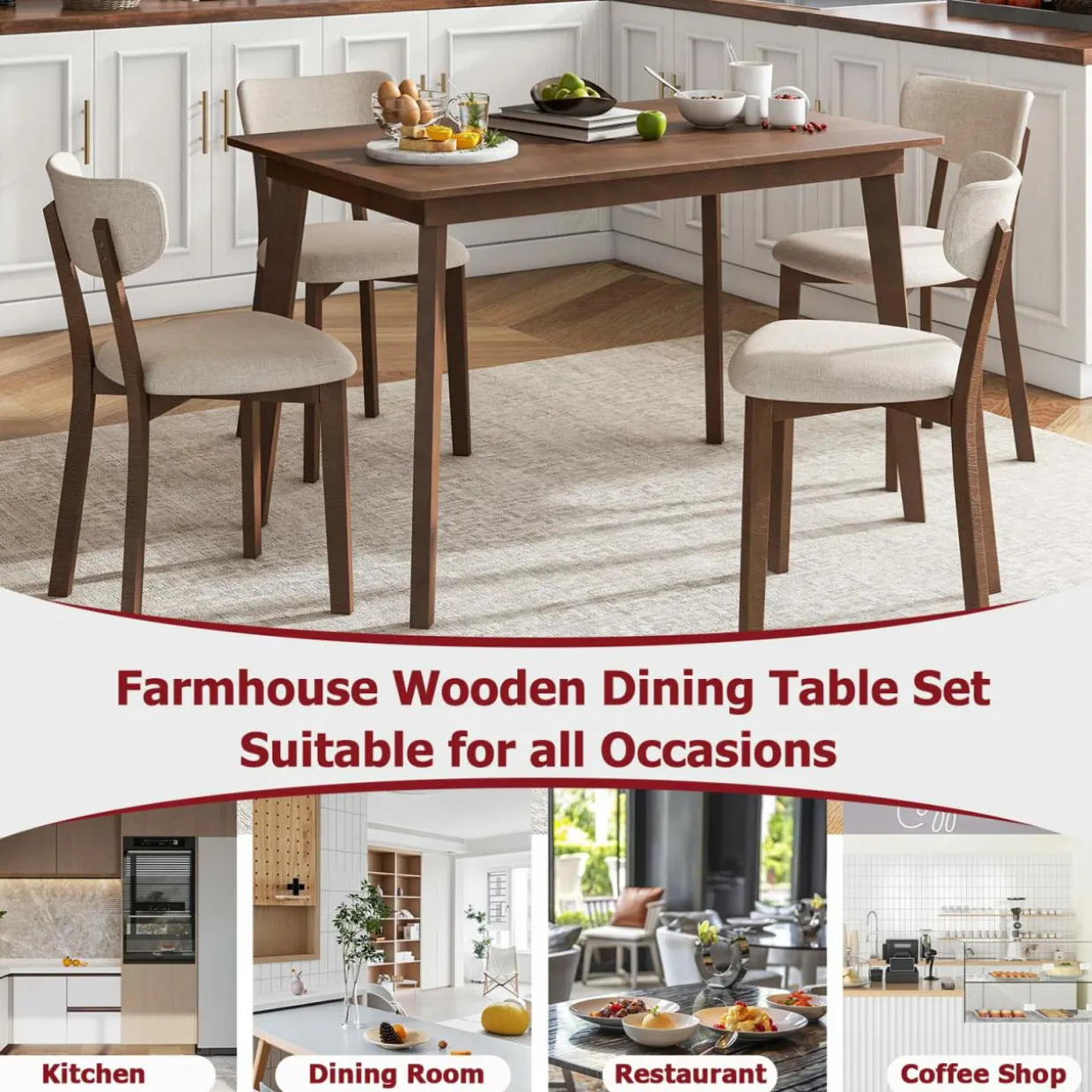 Tangkula Farmhouse Dining Table Set for 4, Dinette Set with Table & 4 Padded Seat, Rubber Wood Legs, Curved Backrest
