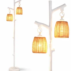 Tangkula Farmhouse Floor Lamp, 65" Tall Rustic Country Cottage 2 Light Dimmable Tree Rattan Floor Lamp