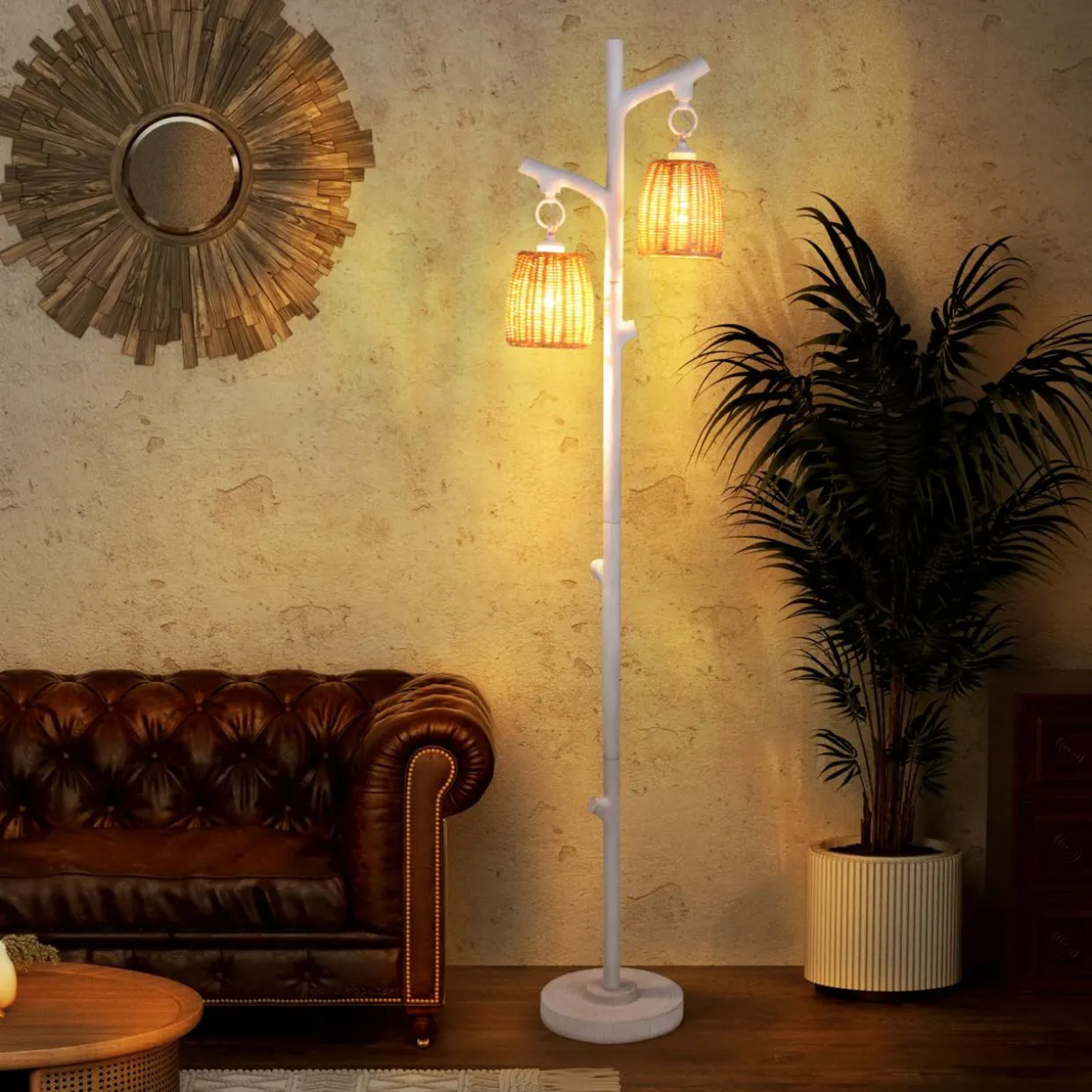 Tangkula Farmhouse Floor Lamp, 65" Tall Rustic Country Cottage 2 Light Dimmable Tree Rattan Floor Lamp