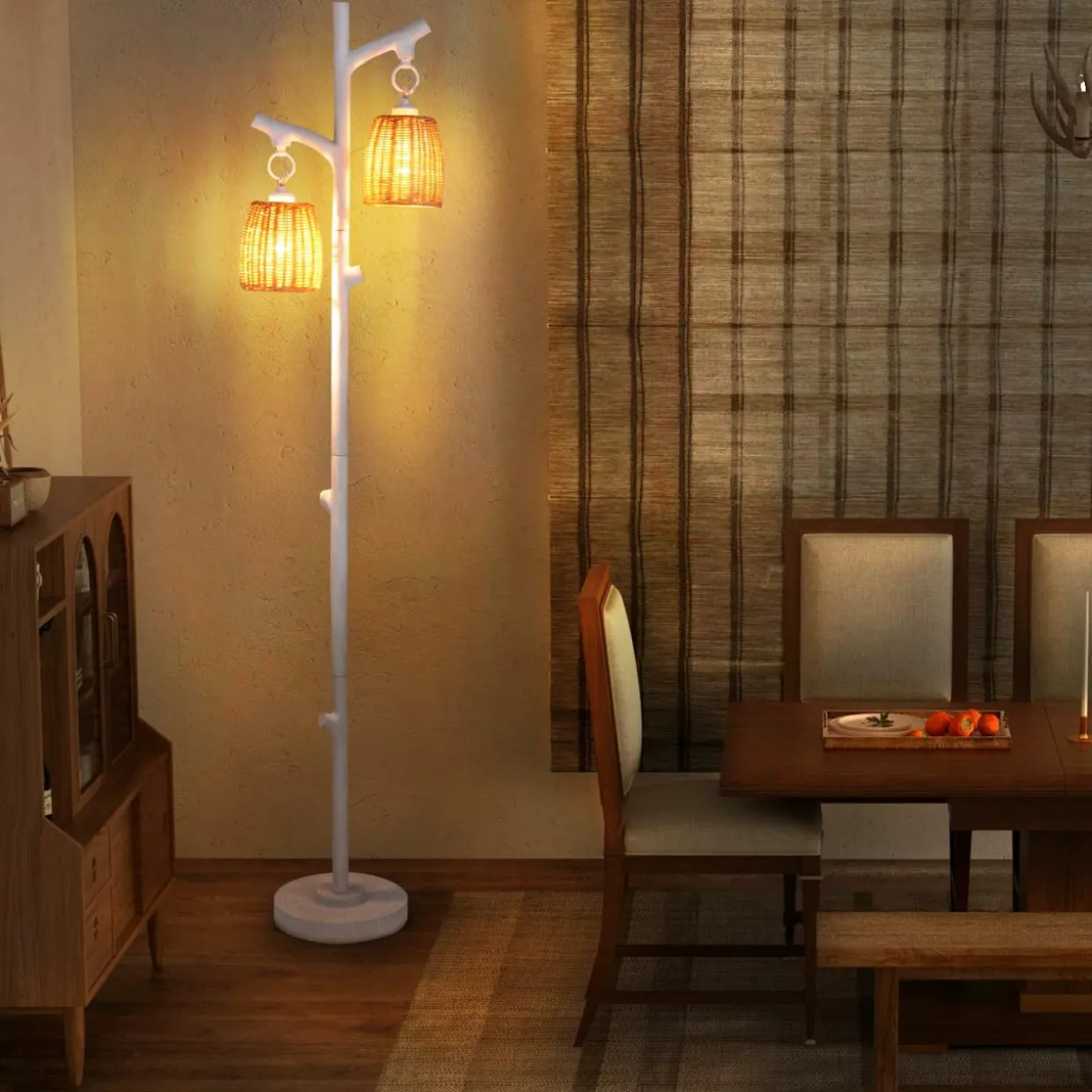Tangkula Farmhouse Floor Lamp, 65" Tall Rustic Country Cottage 2 Light Dimmable Tree Rattan Floor Lamp