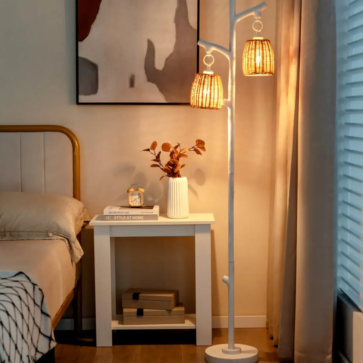 Tangkula Farmhouse Floor Lamp, 65" Tall Rustic Country Cottage 2 Light Dimmable Tree Rattan Floor Lamp