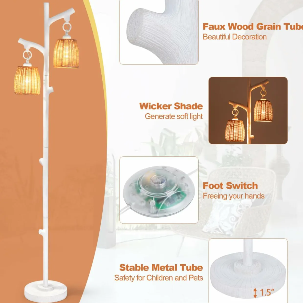 Tangkula Farmhouse Floor Lamp, 65" Tall Rustic Country Cottage 2 Light Dimmable Tree Rattan Floor Lamp