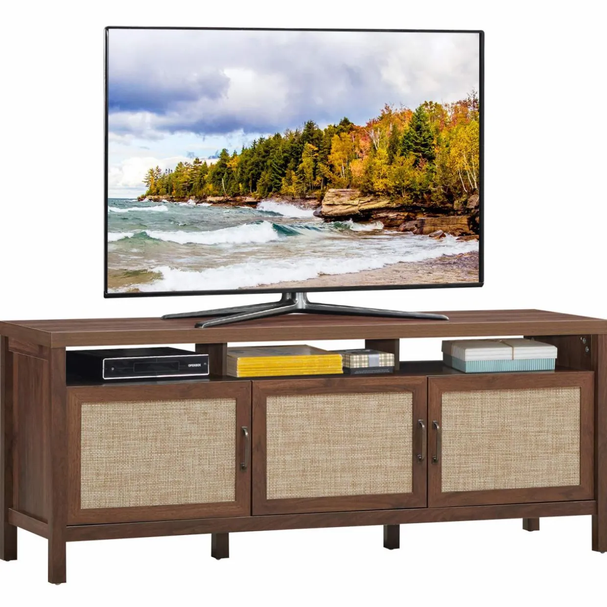 Tangkula Farmhouse Rattan TV Stand, 62 Inches Modern Boho Entertainment Center for TVs up to 65/70 Inches