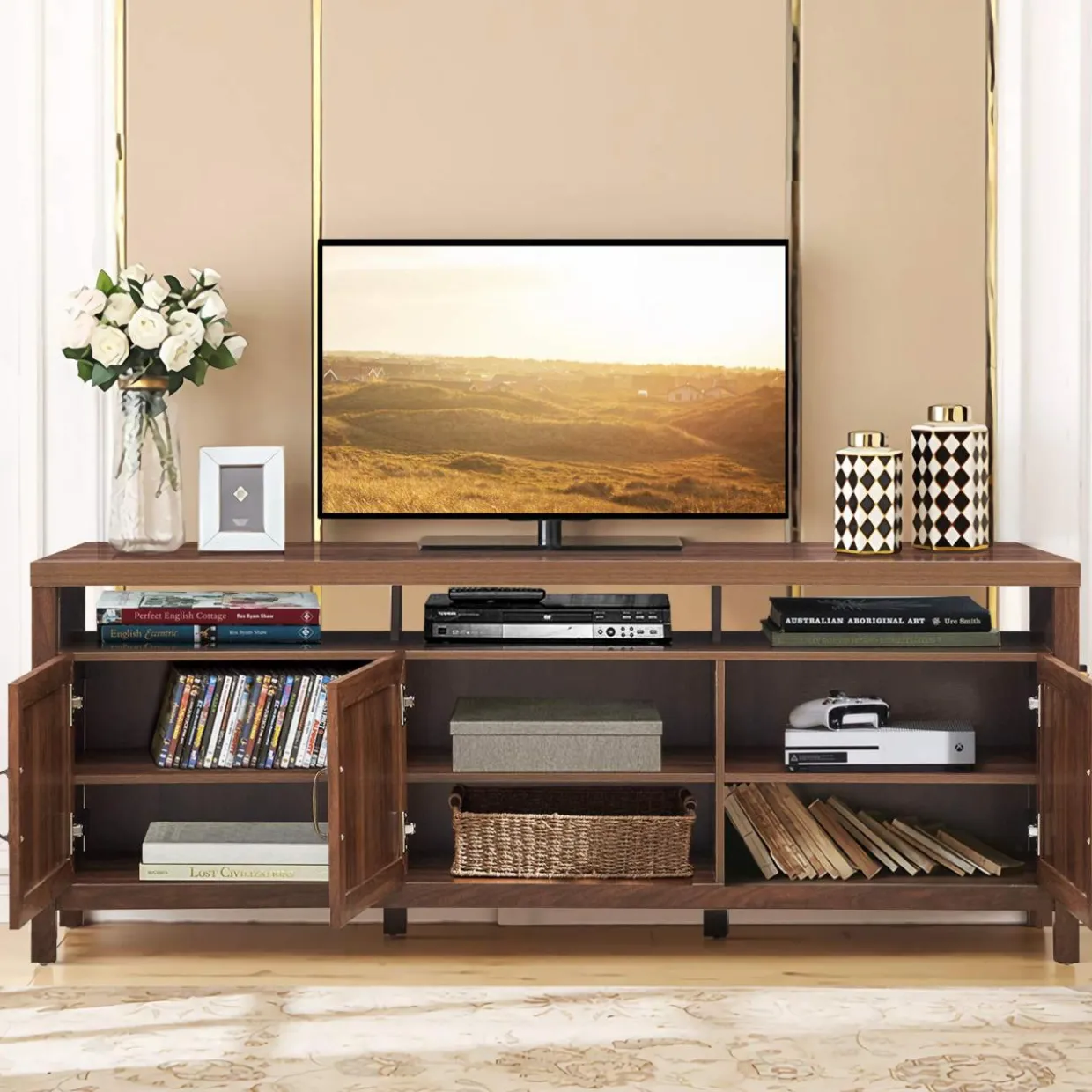 Tangkula Farmhouse Rattan TV Stand, 62 Inches Modern Boho Entertainment Center for TVs up to 65/70 Inches