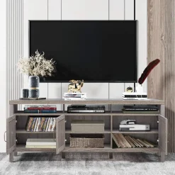 Tangkula Farmhouse Rattan TV Stand, 62 Inches Modern Boho Entertainment Center for TVs up to 65/70 Inches