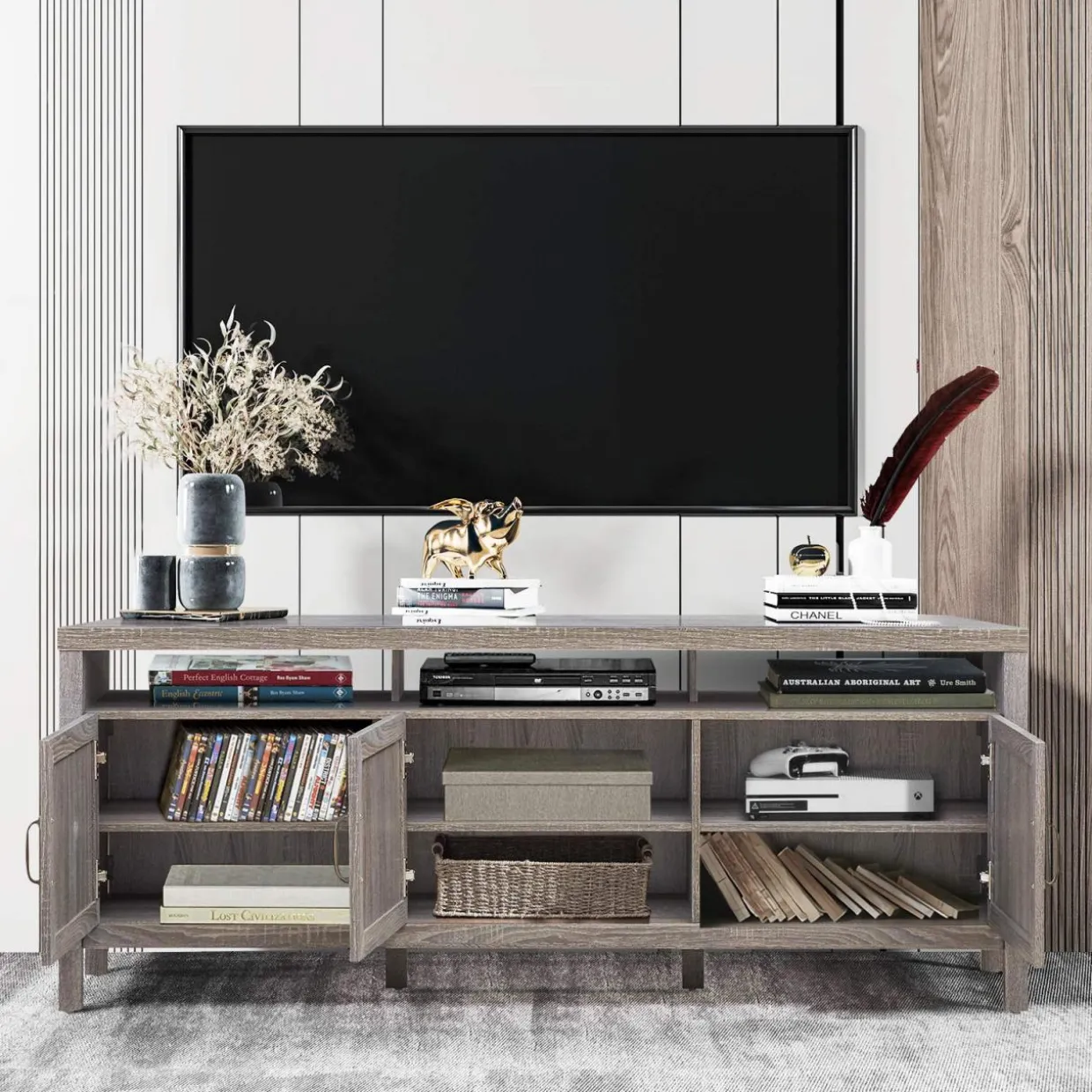 Tangkula Farmhouse Rattan TV Stand, 62 Inches Modern Boho Entertainment Center for TVs up to 65/70 Inches