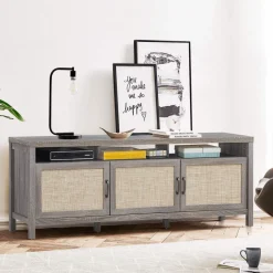 Tangkula Farmhouse Rattan TV Stand, 62 Inches Modern Boho Entertainment Center for TVs up to 65/70 Inches