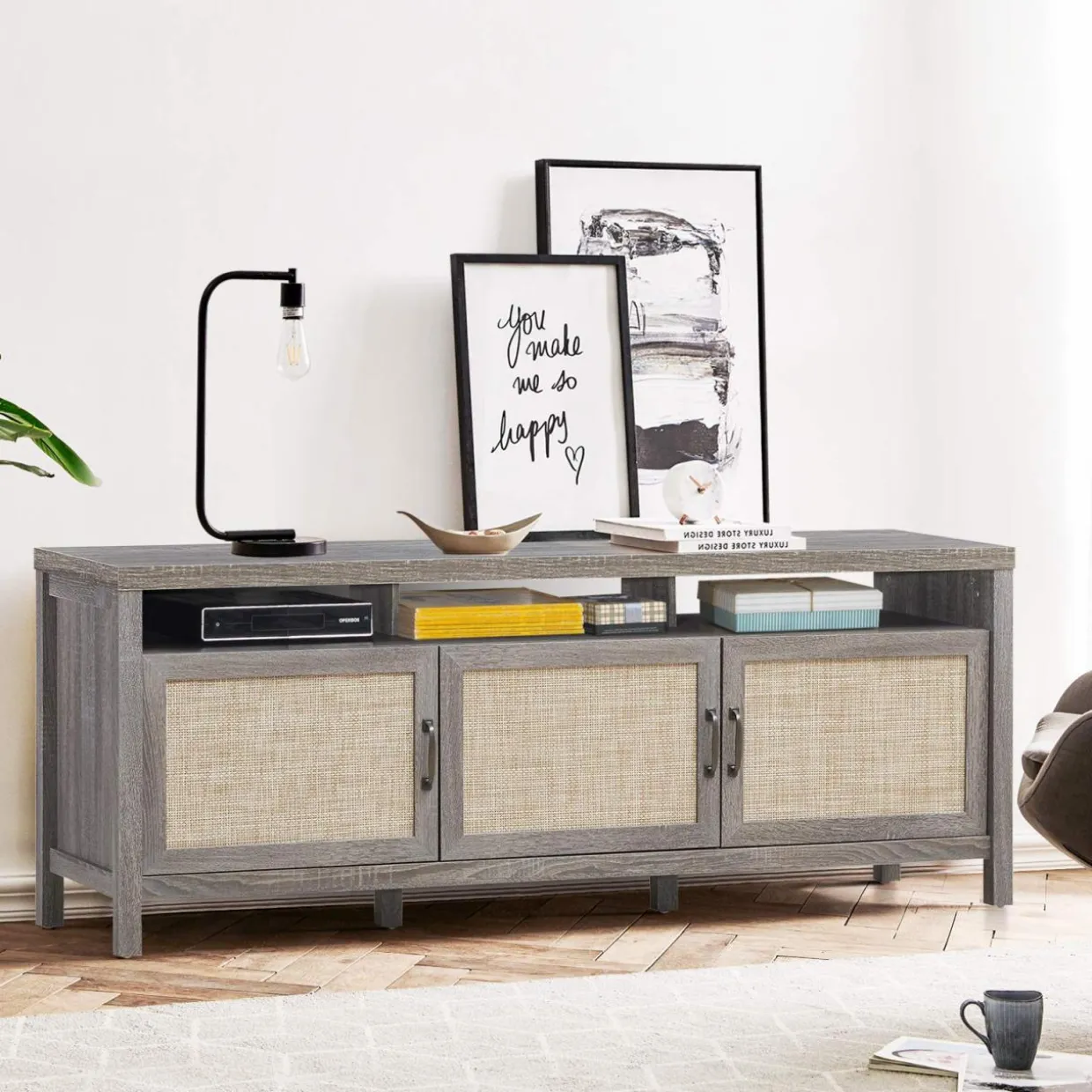 Tangkula Farmhouse Rattan TV Stand, 62 Inches Modern Boho Entertainment Center for TVs up to 65/70 Inches