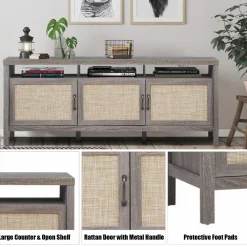 Tangkula Farmhouse Rattan TV Stand, 62 Inches Modern Boho Entertainment Center for TVs up to 65/70 Inches