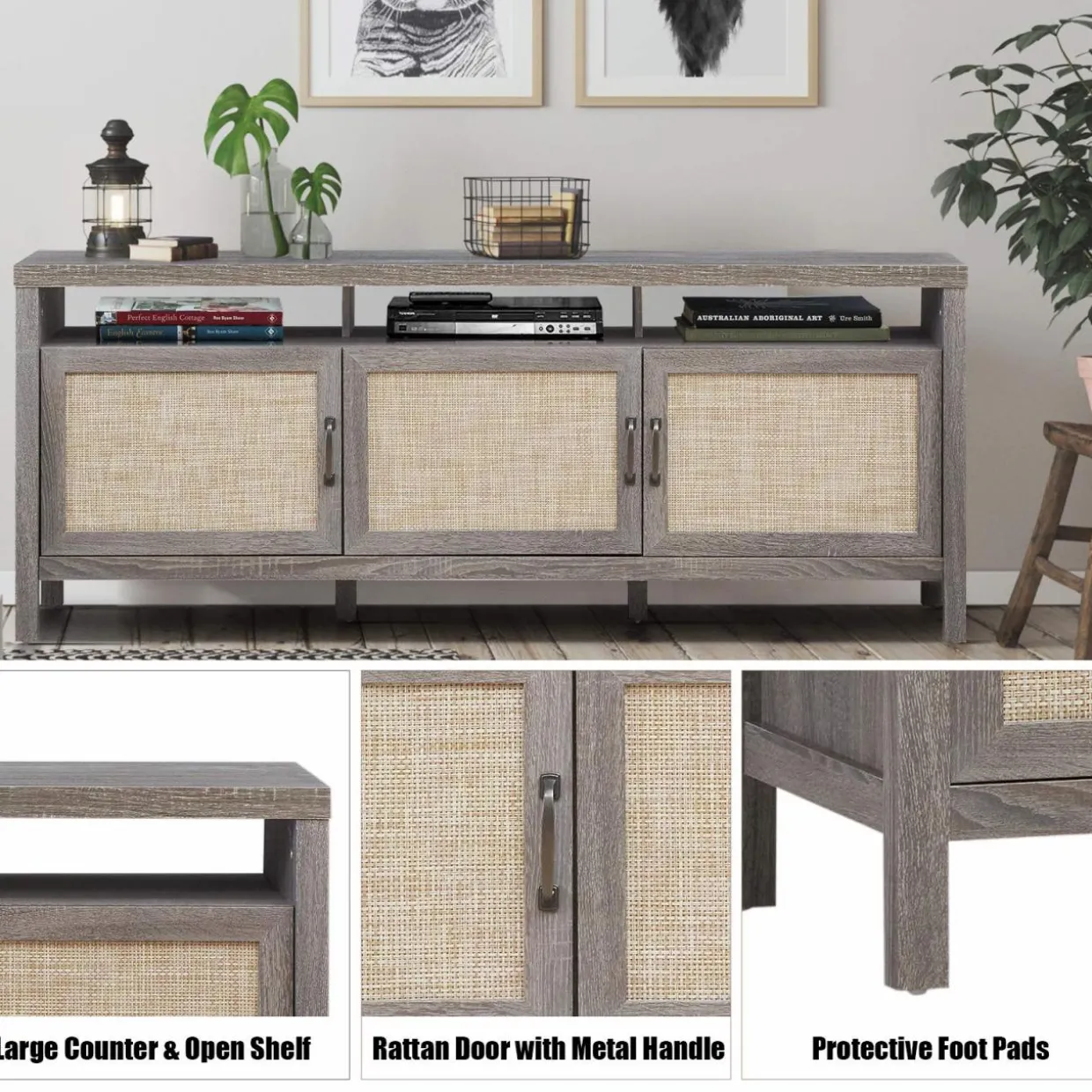 Tangkula Farmhouse Rattan TV Stand, 62 Inches Modern Boho Entertainment Center for TVs up to 65/70 Inches