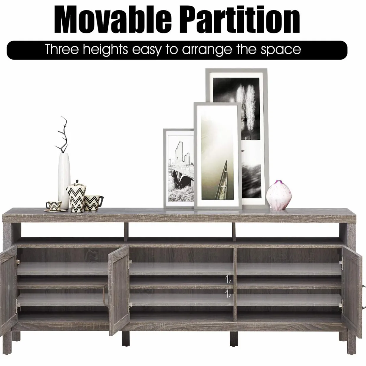 Tangkula Farmhouse Rattan TV Stand, 62 Inches Modern Boho Entertainment Center for TVs up to 65/70 Inches