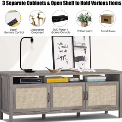 Tangkula Farmhouse Rattan TV Stand, 62 Inches Modern Boho Entertainment Center for TVs up to 65/70 Inches