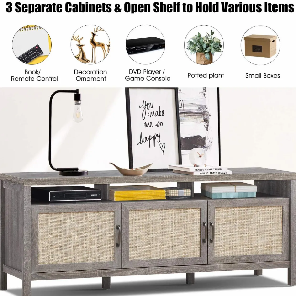 Tangkula Farmhouse Rattan TV Stand, 62 Inches Modern Boho Entertainment Center for TVs up to 65/70 Inches