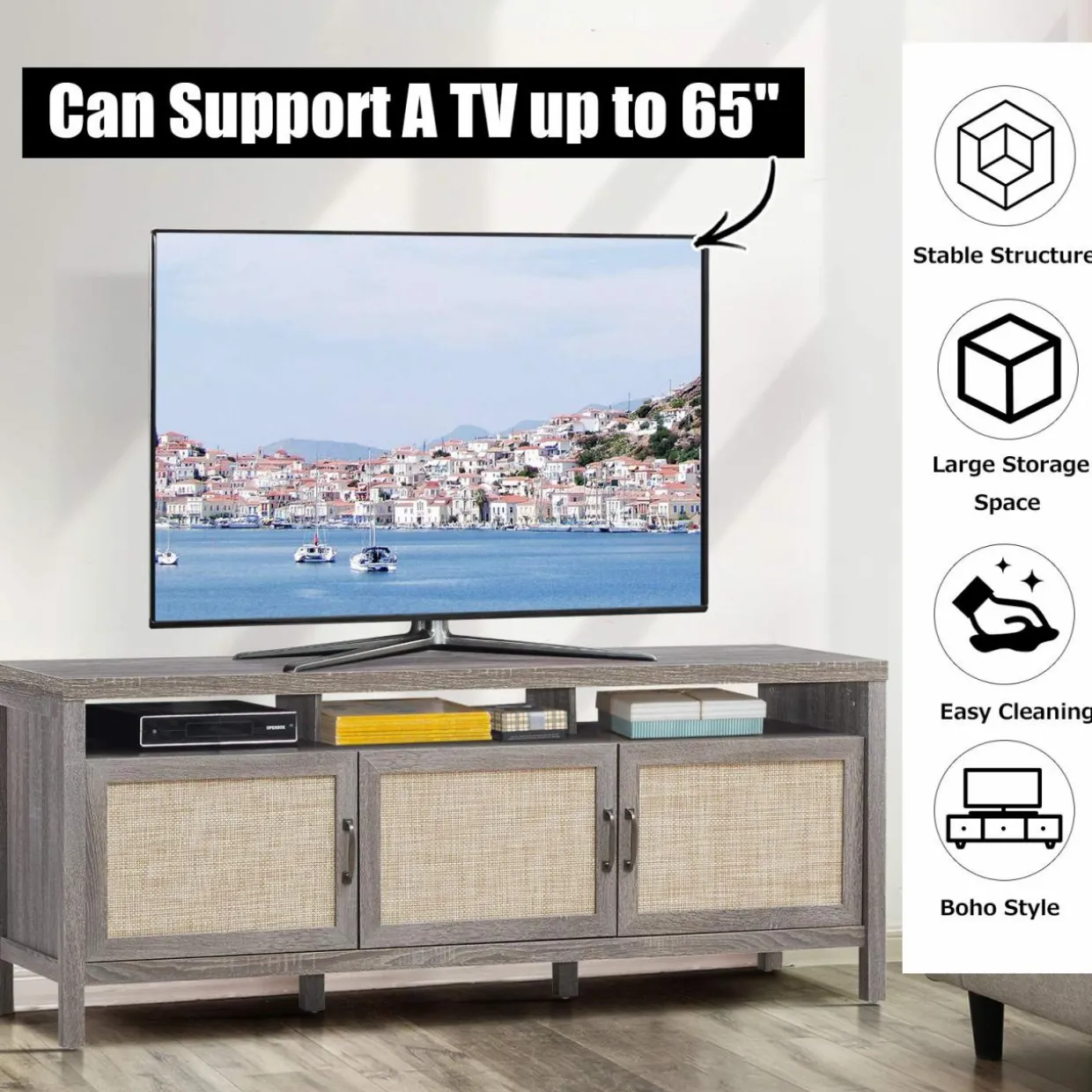 Tangkula Farmhouse Rattan TV Stand, 62 Inches Modern Boho Entertainment Center for TVs up to 65/70 Inches