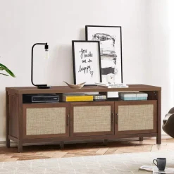 Tangkula Farmhouse Rattan TV Stand, 62 Inches Modern Boho Entertainment Center for TVs up to 65/70 Inches