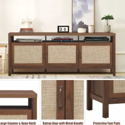 Tangkula Farmhouse Rattan TV Stand, 62 Inches Modern Boho Entertainment Center for TVs up to 65/70 Inches