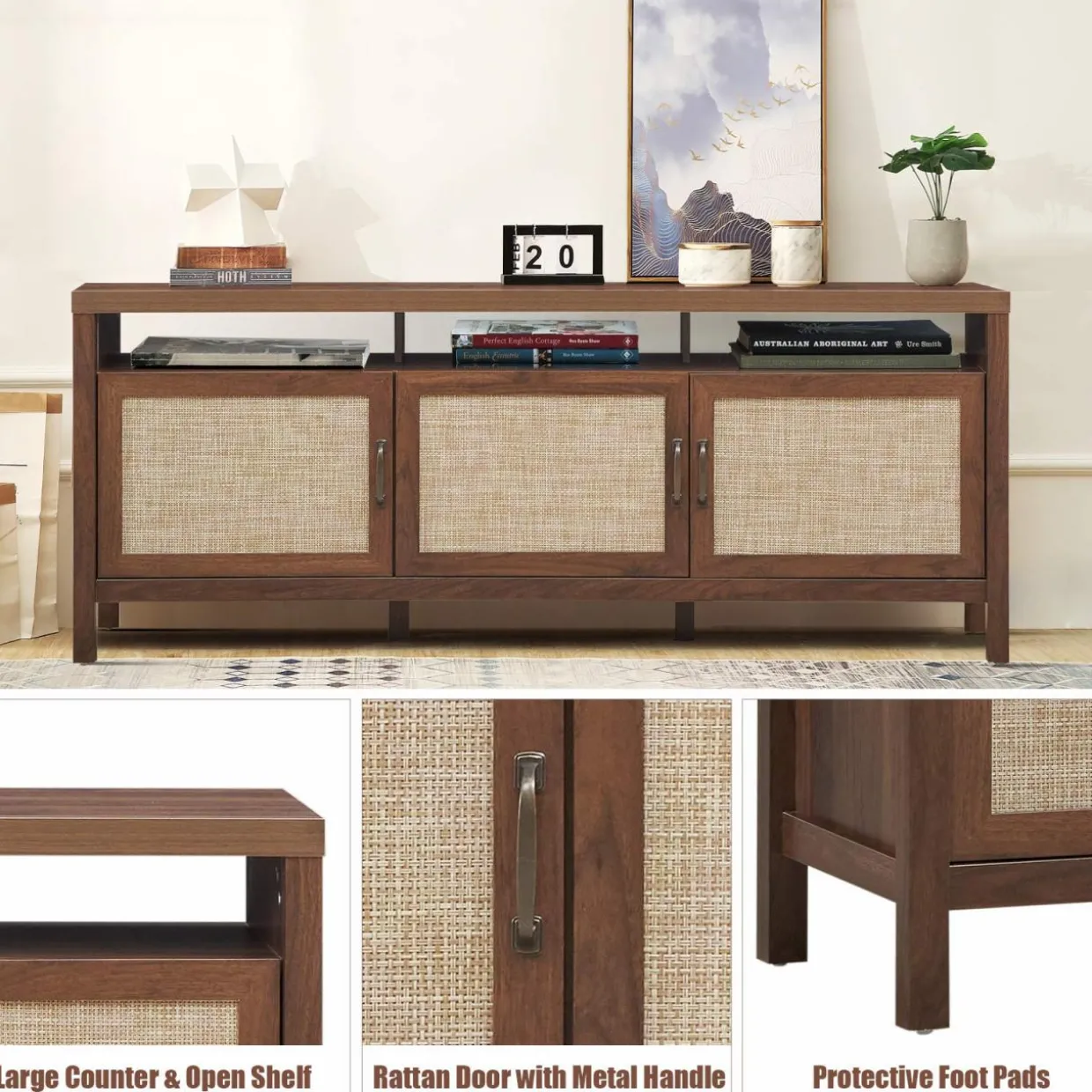 Tangkula Farmhouse Rattan TV Stand, 62 Inches Modern Boho Entertainment Center for TVs up to 65/70 Inches