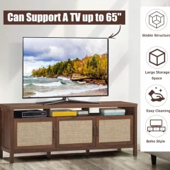 Tangkula Farmhouse Rattan TV Stand, 62 Inches Modern Boho Entertainment Center for TVs up to 65/70 Inches