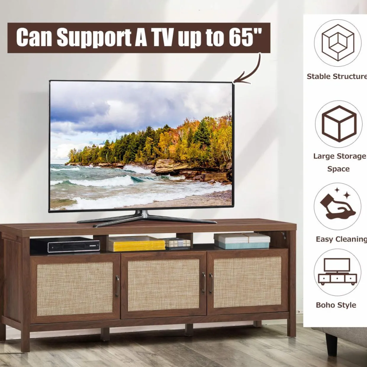 Tangkula Farmhouse Rattan TV Stand, 62 Inches Modern Boho Entertainment Center for TVs up to 65/70 Inches