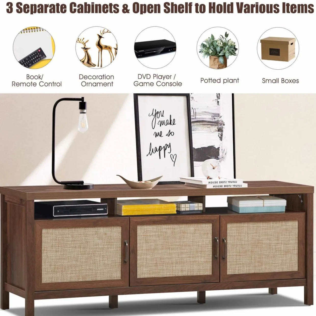 Tangkula Farmhouse Rattan TV Stand, 62 Inches Modern Boho Entertainment Center for TVs up to 65/70 Inches