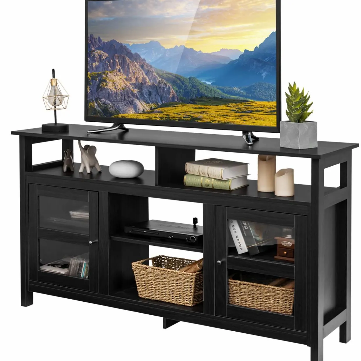Tangkula Farmhouse TV Stand for TVs up to 65" Flat Screen, Wooden TV Console Table w/2 Cabinets & 4 Shelves