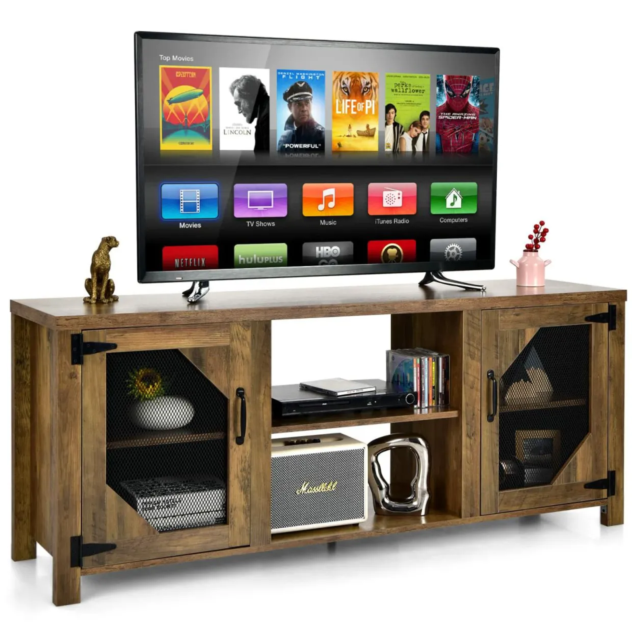 Tangkula Farmhouse TV Stand for TVs up to 65 Inch Flat Screen, Media Console Cabinet, Rustic Brown