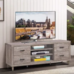 Tangkula Farmhouse TV Stand, Retro Wood Universal Stand for TV's up to 65" Flat Screen, 4 Drawers & 3 Open Shelves with 7 Adjustable Heights