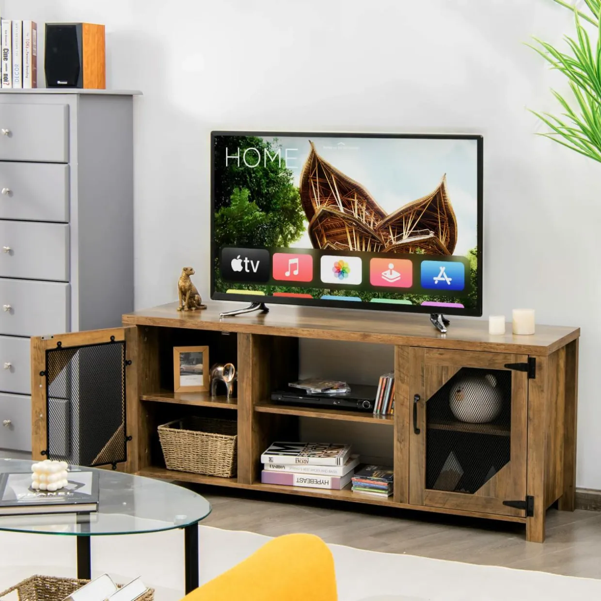 Tangkula Farmhouse TV Stand for TVs up to 65 Inch Flat Screen, Media Console Cabinet, Rustic Brown