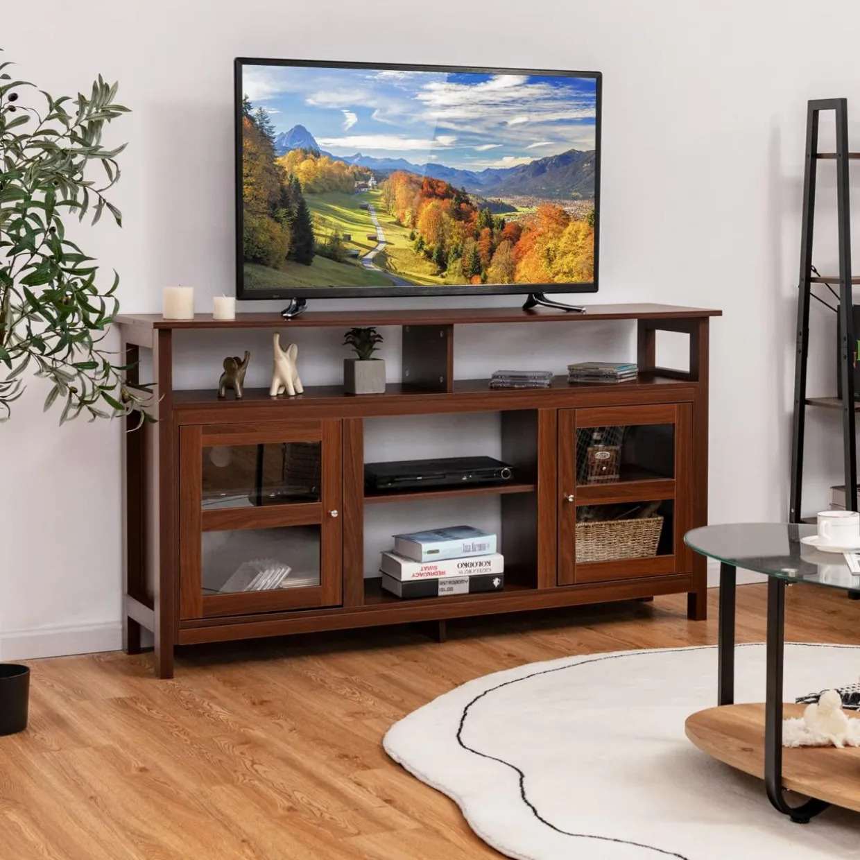Tangkula Farmhouse TV Stand for TVs up to 65" Flat Screen, Wooden TV Console Table w/2 Cabinets & 4 Shelves