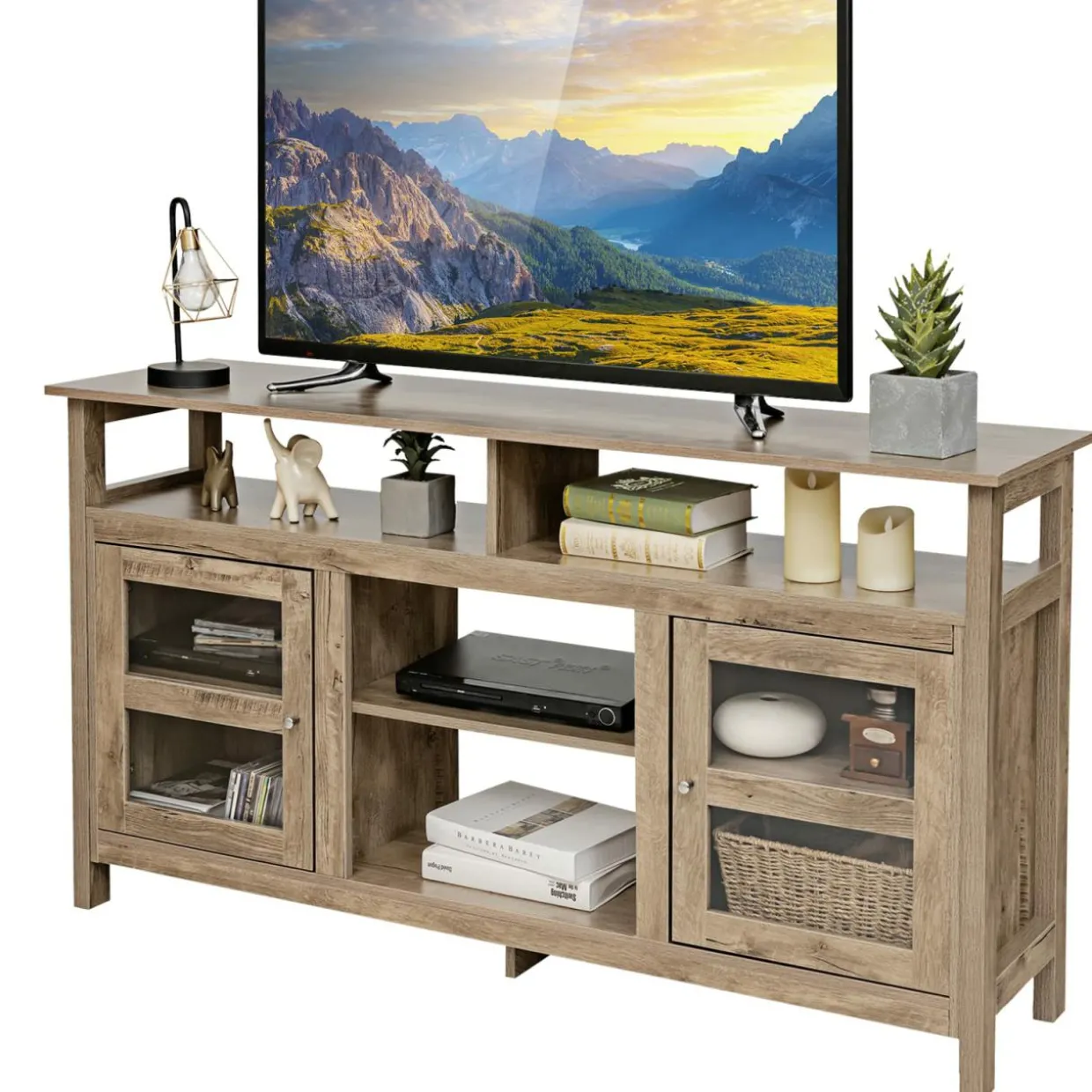 Tangkula Farmhouse TV Stand for TVs up to 65" Flat Screen, Wooden TV Console Table w/2 Cabinets & 4 Shelves