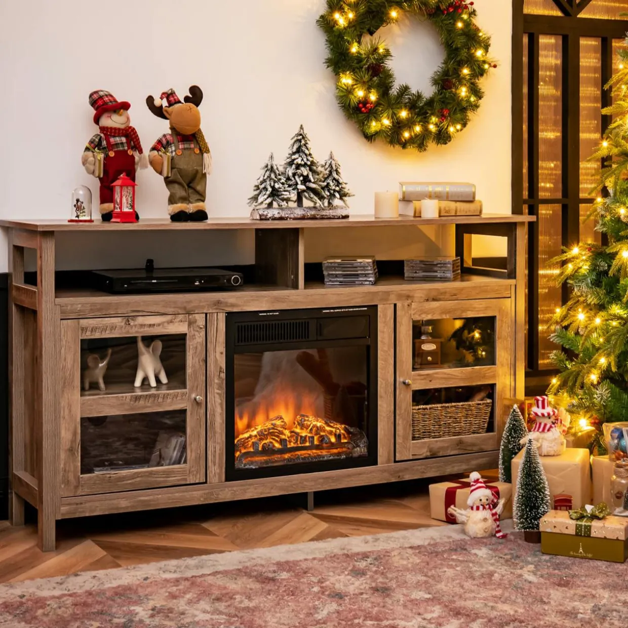 Tangkula Farmhouse TV Stand for TVs up to 65" Flat Screen, Wooden TV Console Table w/2 Cabinets & 4 Shelves