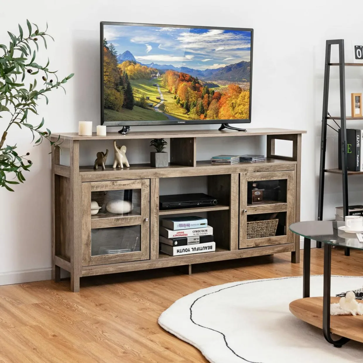 Tangkula Farmhouse TV Stand for TVs up to 65" Flat Screen, Wooden TV Console Table w/2 Cabinets & 4 Shelves