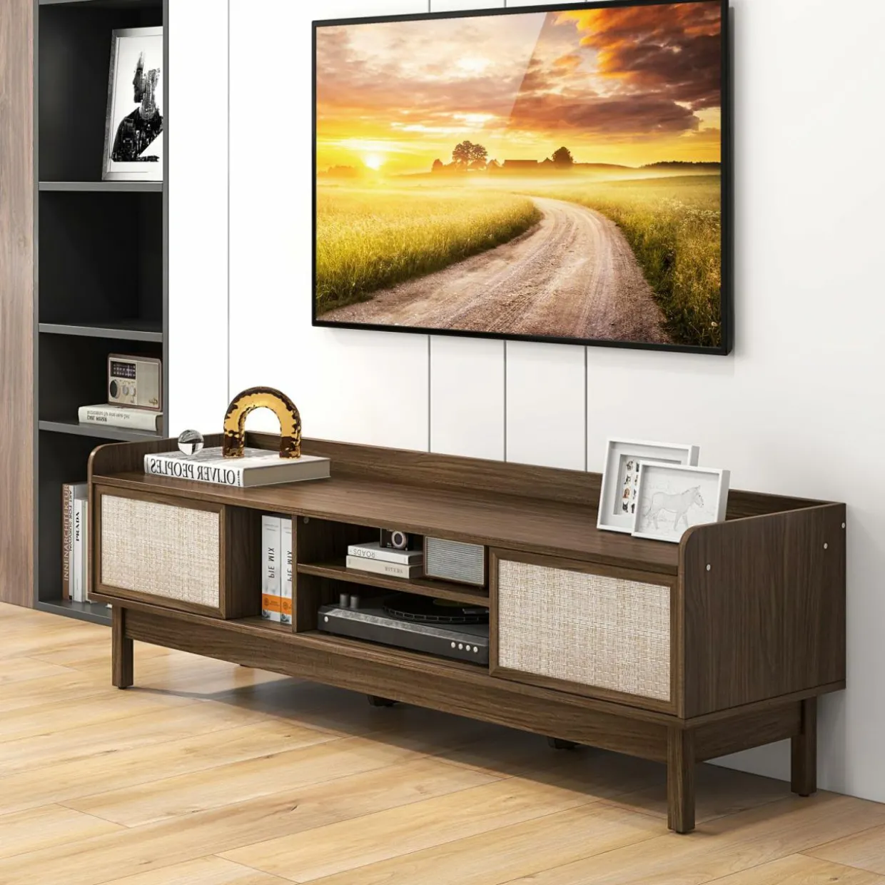 Tangkula Farmhouse TV Stand for TVs up to 65”, Mid Century Modern TV Console Table w/Storage (Walnut, 59”L, up to 65"TV)
