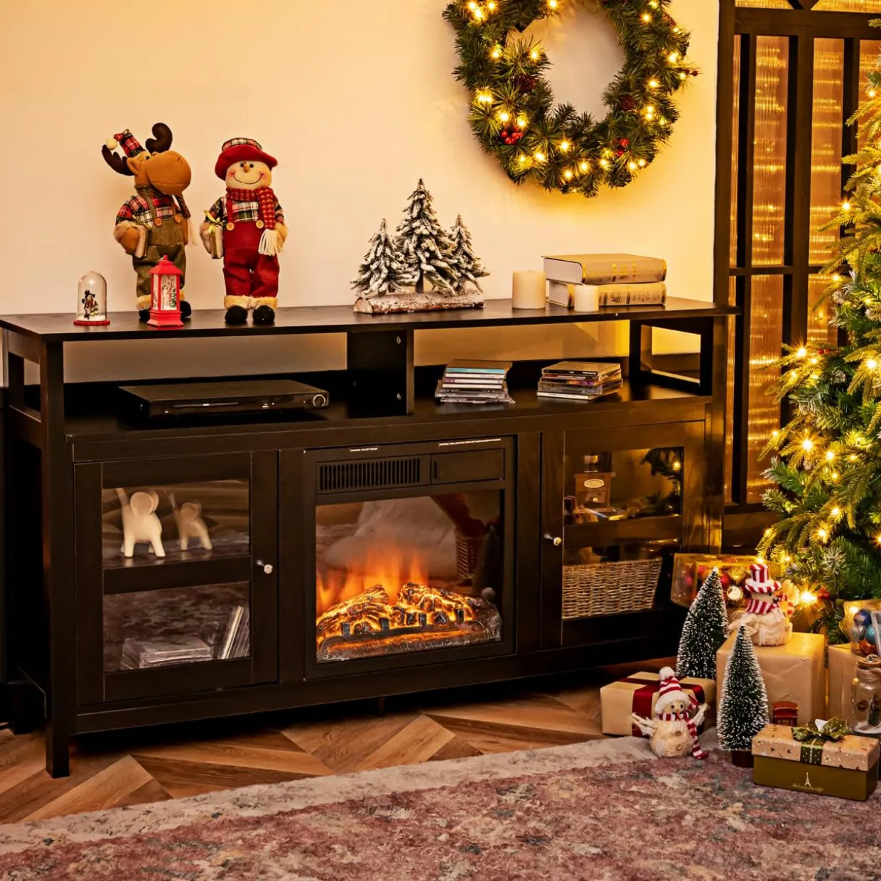Tangkula Farmhouse TV Stand for TVs up to 65" Flat Screen, Wooden TV Console Table w/2 Cabinets & 4 Shelves