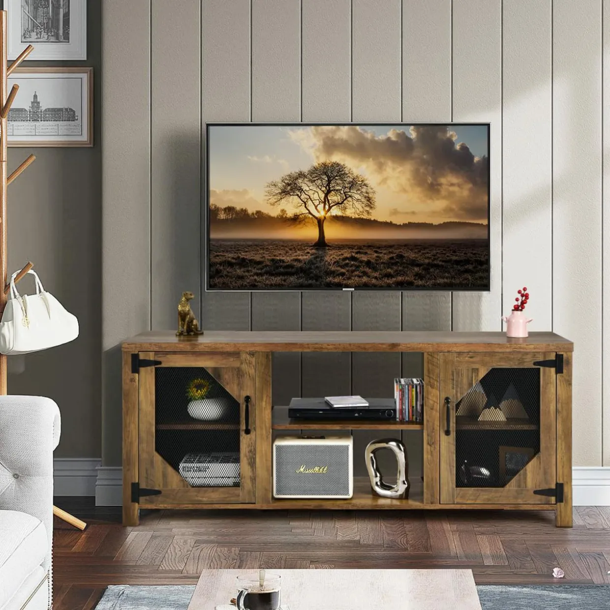 Tangkula Farmhouse TV Stand for TVs up to 65 Inch Flat Screen, Media Console Cabinet, Rustic Brown